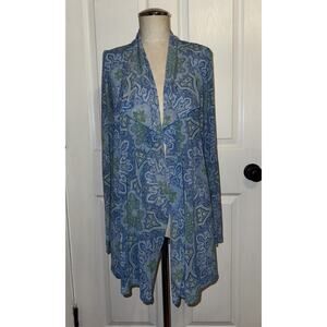 J. McLaughlin Blue Paisley‎ Floral Mesh Drape Front Open Cardi Top Size L Large